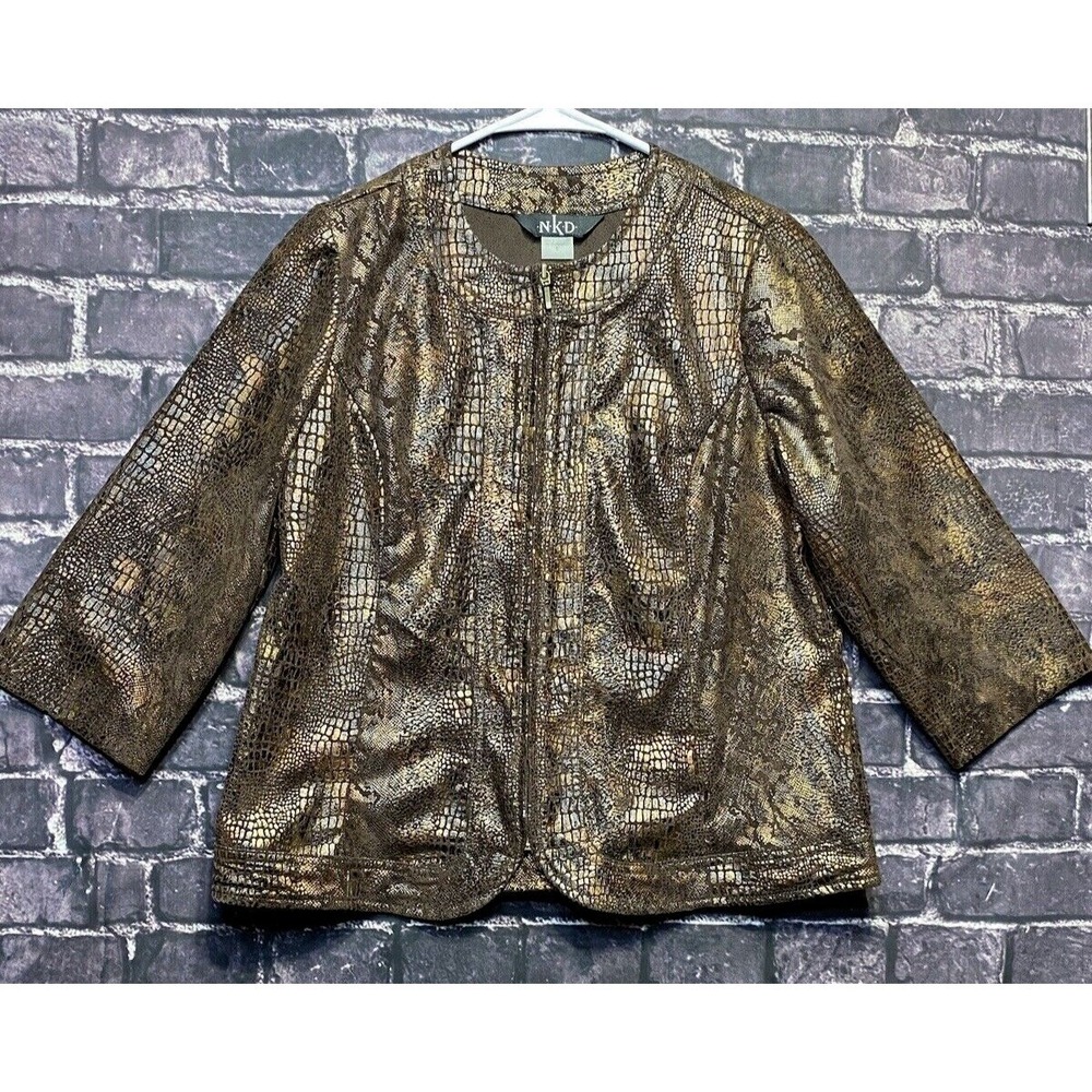 NKD Womens 8 Gold Bronze Metallic Crocodile Print Zip Up Glam Jacket‎ Maximalist